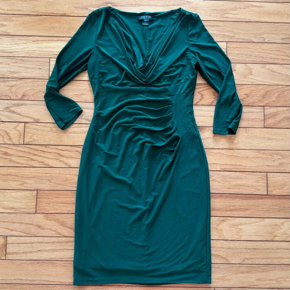 Lauren Ralph Lauren Size 8 Emerald Green Ruched Cowl Neck Jersey Sheath Dress